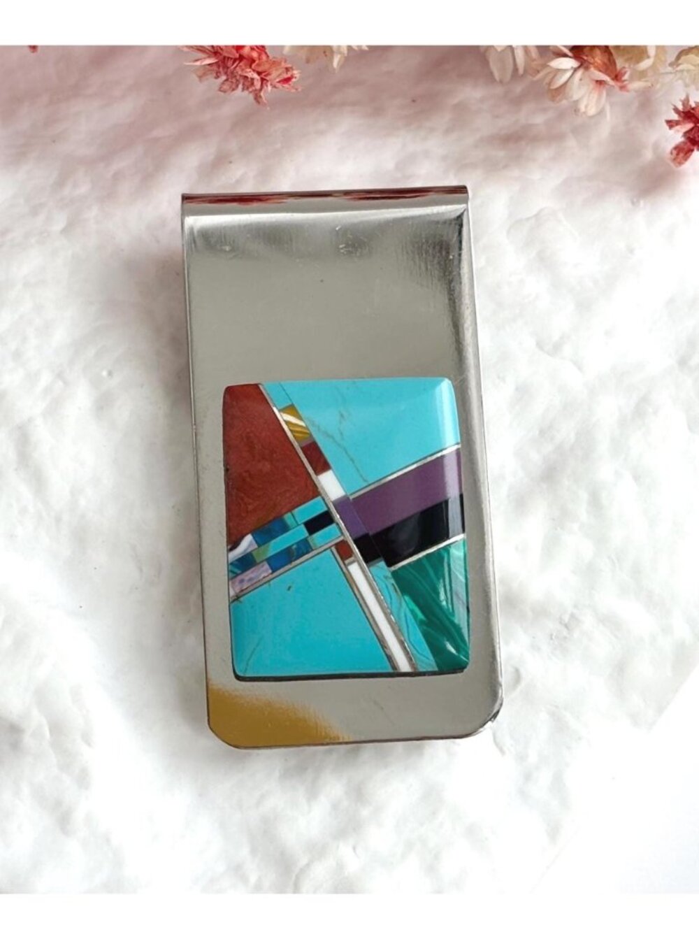 Turquoise, Coral, Onyx, Amethyst Southwest Vintage Stainless Steel Money Clip